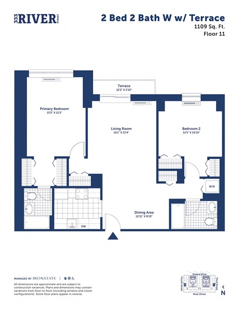 Floor plan for 2 beds, 2 baths, 1109 sqft
